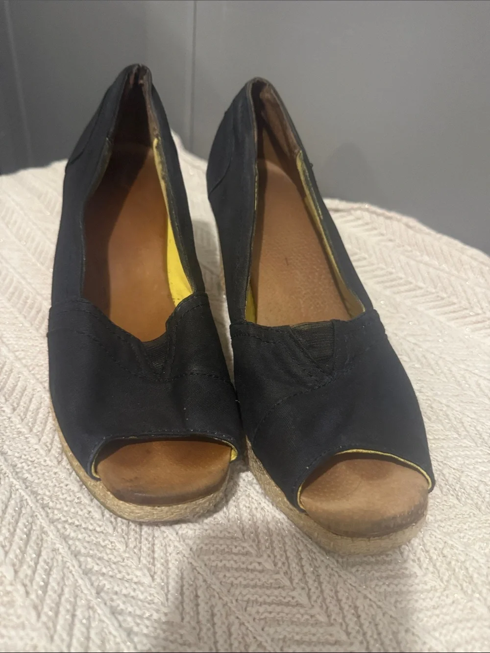 Toms Black Canvas Espadrille Wedge Heels